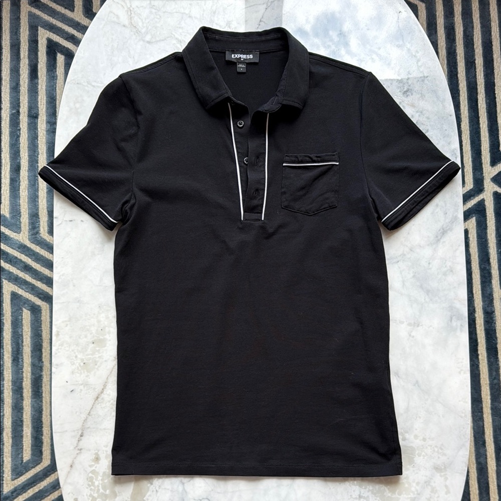 Express Black Polo Shirt with Ribbed Cuffs and Modern Design